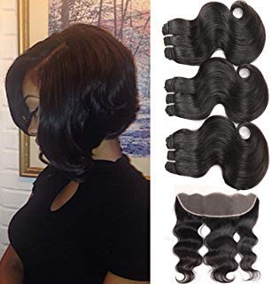 FU SHEN Short Body Wave Brazilian Virgin Hair 3 Bundles with Frontal, Double Weft 8A Grade 3 Bundles with Ear to Ear 13×4 Free Part Lace Frontal, 100% Human Hair Lace Frontal with Baby Hair(8 8 8+8F)