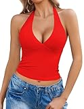 Avidlove Women's Halter Crop Top Sexy Deep V Neck Tank Crop Top Going Out Backless Summer Slim Tank Tops Red