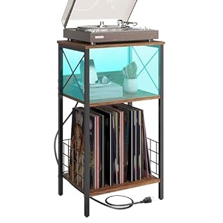 Sthmec 3 Tiers End Table with Charging Station, LED Side Small Table Turntable for Vinyl Storage, Records Stand for Albums, Vinyl Holder Shelf Tables for Living Room, Bedroom Rustic Brown - Les Beatles, Paul McCartney, John Lennon, RIngo Starr, George Harrison