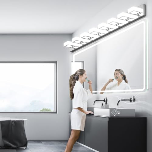 Image of Ralbay 52 inch Modern Chrome Vanity Lights 8 Lights Acrylic Stainless Steel LED Vanity Light Fixtures Chrome Bathroom Lighting Over Mirror