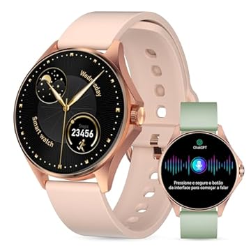 Aurafit Smartwatch Feminino Relógio Inteligente com IA Chatgpt, 1.32’’ AMOLED,iOS Android, IP68 Água, Frequência Cardíaca, Monitor de Sono, 100 Esportes, 2 Pulseiras