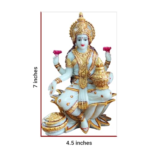 Image of YASHONIDHI Lakshmi Devi Marble Dust Idol, 7 Inches, White and Gold, Goddess Laxmi MATA Murti, for Pooja Room, for Home Decor, Office Decoration, for Good Luck and Wealth, Gift for All Occasions