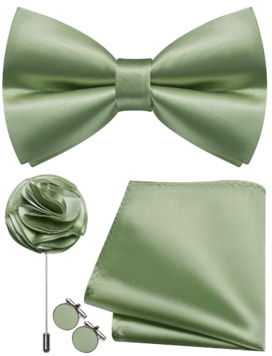 Image of Solid Color Bow Ties for Men Silk Pre-tied Tuxedo Bowtie Set 4PCS | Pre-tied in 3 seconds,adjustable 4PCS bow tie and pocket square cufflinks lapel pin set,wedding,formal,party,prom,graduation