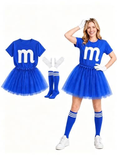 WOLBAY Letter M Halloween Costumes T-Shirt Tutu Skirts and Socks Gloves 4Pcs Group Halloween Costumes for Women (Blue, S)