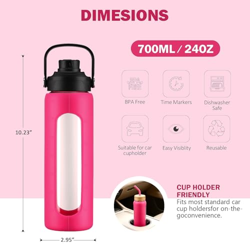 Image of 24 oz Glass Water Bottle with Straw - 2 Lids (Bamboo & Spout Lid), Motivational Borosilicate Glass Daily Water Intake Bottle with Time Marker, Silicone Sleeve for Gym Home Office-Rose Red