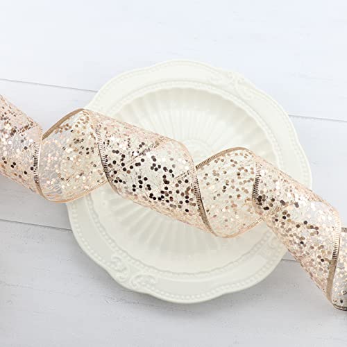 Dindosal Rose Gold Wired Ribbon 2.5 Inch Rose Pink Shimmery Glitter Metallic Ribbon Mesh Ribbon With Wired Edge For Wreaths Tree Topper Accent Bows Crafts Gift Wrap Holiday Decoration- 10 Yards (30Ft) #TOP6