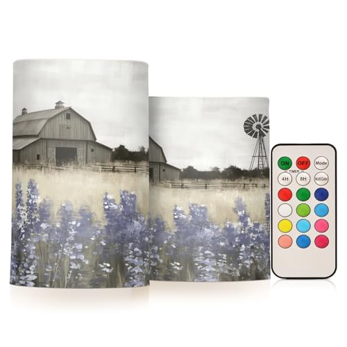 Image of Farmhouse Landscape Wildflowers Barn Windmill Flickering Flameless Candles LED Battery Operated with Remote Timer Pillar Candles for Home Birthday Wedding Christmas Decor, Set of 2