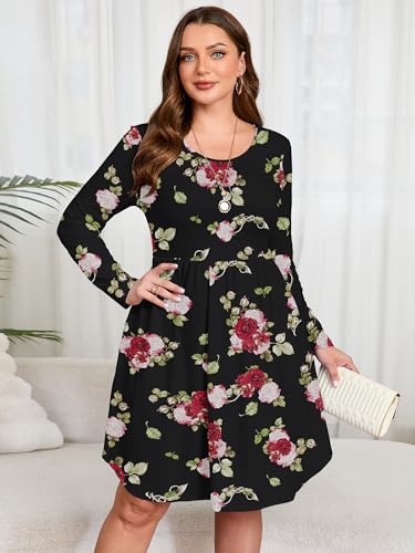 Image of AusLook Women's Plus Size Long Sleeve Midi Dress Casual Empire Waist Loose Flowy Dresses A-Line Boho Long Dress with Pockets