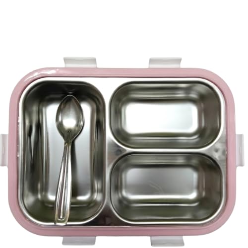 Image of Premium Stainless Steel Three Compartment Lunch Box (8.75 inch x 6.75 inch) - Durable Three Partition Leak Proof Tiffin Box for Food Grade Container with 6-Side Lock Unbreakable Lid (400g)