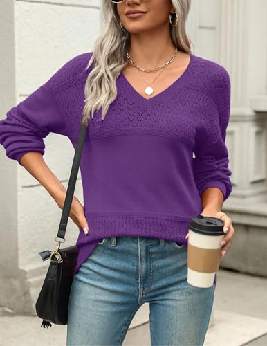 Image of Zeagoo Womens 2026 Fall Sweaters Casual Long Sleeve Ribbed Knit Pullover V Neck Lightweight Crochet Pullover Sweater Top