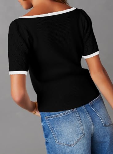 Womens Short Sleeve Sweater Pullover Shirts Summer Square Collar Basic Ribbed Knit Cut Out Color Block Tops2