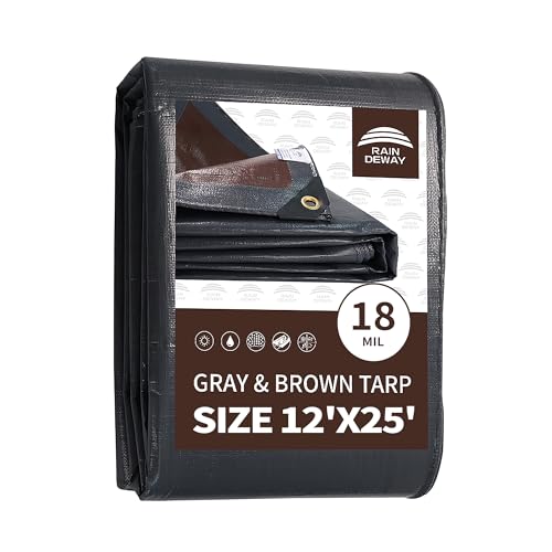 RAINDEWAY 12x25 Feet Super Heavy Duty Tarp 18 Mil, UV Resistant, Weatherproof, Multipurpose Waterproof Poly Tarp with Grommets and Reinforced Edges, Brown/Gray Tarps