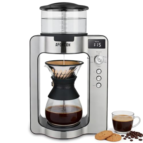 APOXCON Automatic Drip Coffee Maker for Coffee Enthusiasts -Pour Over Coffee Brewer with Programmable Timer, Hand Drip Simulation, Adjustable Strength, Built-in Scale, Glass Water Tank & Carafe