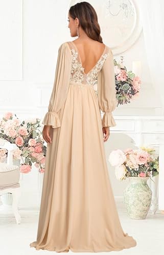 V Neck Bridesmaid Dresses Long Sleeve for Wedding Lace Appliques Formal Party Gown with Slit4