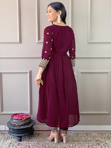 Image of Naixa Women's Vichitra Silk Embroidered A-Line Kurta with Pant and Dupatta Sets (NK-442)