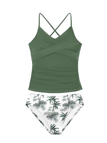 Image of Girls Swimsuit Tankini Criss Cross Ruched 2 Piece Bathing Suit Printed Girl Swimwear for Teens 9-16Y