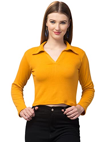 Image of Ribbed Polo Collar Full Sleeves Tops for Women