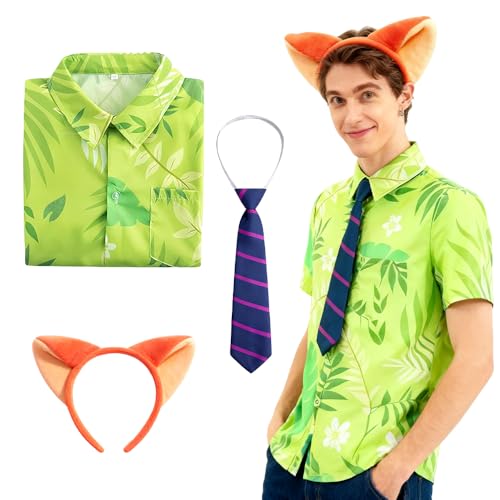 XPJBKC 3PCS Zorro Disfraz Accesorios, Carnaval Conjunto con Camiseta Estampada en Verde, Corbata Morada y Oreja de Zorro Diadema, Fox Disfraces Accesorios para Carnaval, Halloween y Cosplay (M)