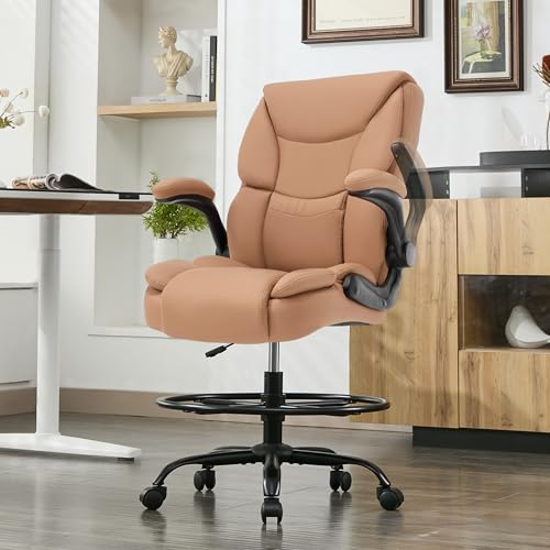 Image of 500LBS Drafting Chair, High Back Safer Standing Desk Chair, Executive Tall Office Chair with Flip-up Armrests, Upholstered PU Leather Task Chair, Ergonomic Seat with Adjustable Height&Foot Ring, Brown