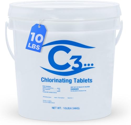 Image of C3 10 lbs. 3 inch Stabilized Chlorine Tabs for Swimming Pools | Easy to Use for Above Ground or Inground Pool | Slow Dissolving Individual Chlorinating Tablets | 10 Pound Bucket