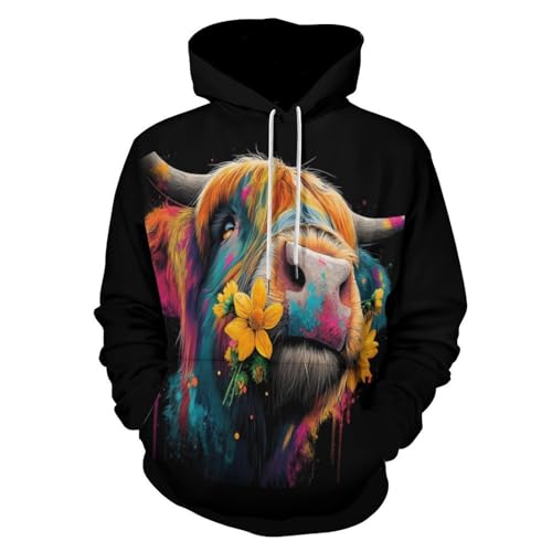 Sweat à Capuche Vache des Highlands Graffiti 3D Pull Unisexe Multicolore
