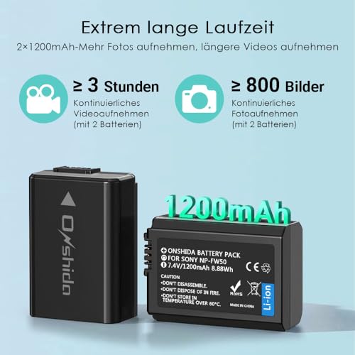 Onshida NP-FW50 Akku 2 Pack 1200mAh Batterie Ladegerät für Sony ZV-E10 Alpha A6000 A6500 A6300 A5100 A7II A7RII A7SII A7S A7S2 A7R A7R2 A3000 A33 A35 A37 A55 RX10 NEX5 Kamera