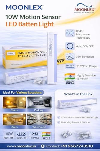 Image of Moonlex Motion Sensor Based 10W LED Batten Light | Compact 2ft LED Tubelight | Cool White | Pack of (5)