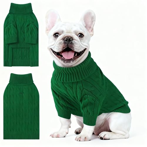 Image of Small Dog Thermal Pullover Sweater, Classic Turtleneck Cable Knitwear Dog Clothes for Cold Weather Warm Pet Clothes for Chihuahua, Bulldog, Dachshund, Pug Green Large