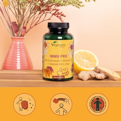 Immunsystem Komplex Vegavero | Mit Echinacea, Vitamin C, Vitamin D3, Selen, Ingwer und Zink | 240 Kapseln | Abwehrkräfte stärken* | Vegan