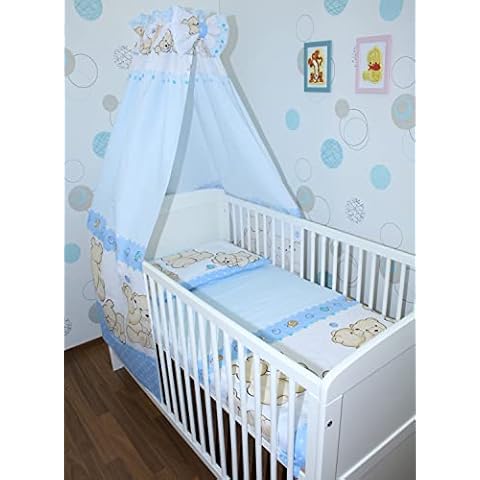 Primawela Baby Bettset Bettwäsche mit Himmel Vollstoff - Bärchen Blau - Bettausstattung Set (7 teilig) Cover