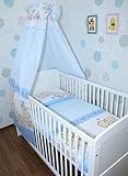 Baby Bettset Bettwäsche mit Himmel Vollstoff - Bärchen Blau - Bettausstattung Set (7 teilig)
