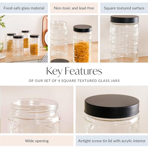 Image of Nestasia Glass Jars for Kitchen Storage Set of 4 (1.9L Each) - Square Textured Food-Safe Transparent Jars with Airtight Lid | Perfect for Kitchen Pantry, Pickles, Pulses, Dry Fruits & Snacks Storage