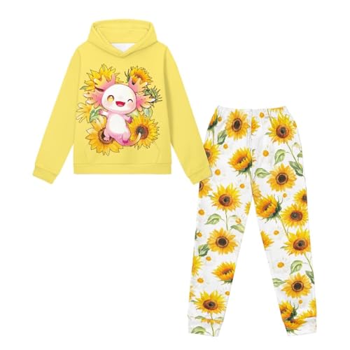 doginthehole Girls 2 Pieces Sweatsuits Pullover Cute Axolotl Sunflowers Graphic Hoodie and Sweatpants Girls Fashion Tracksuit Set Fall Outfits 7-8 Years3