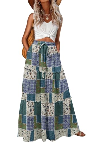 Image of Lepunuo Womens Casual Boho High Waisted Flowy Maxi Skirts Tiered Floral Long Skirts with Pockets for Summer Beach Vacation