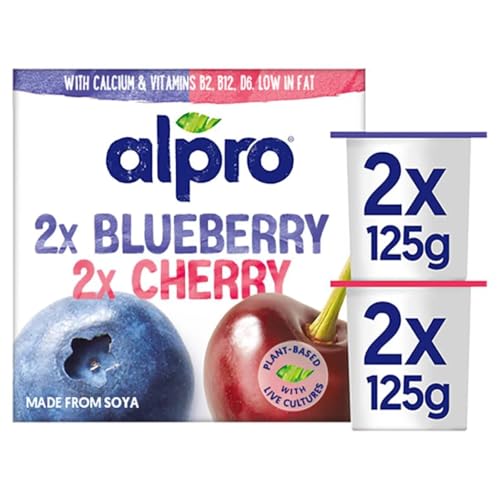 Alpro No Bits Blueberry and Cherry, Plant-Based & Soya Yoghurt Alternative, Vegan & Dairy Free, 4 x 125g