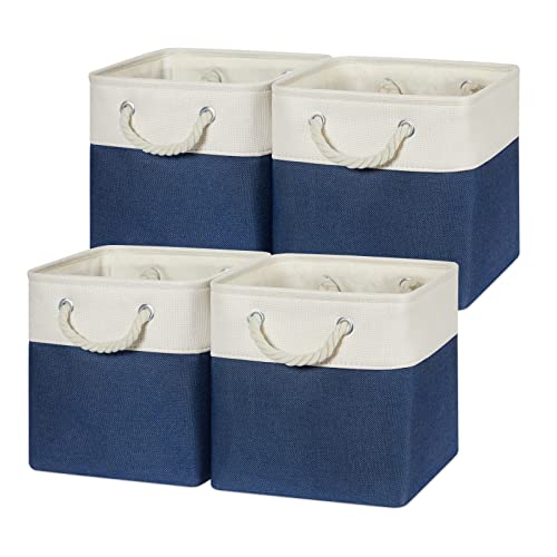 Image of Temary Fabric Storage Cubes 11x11 Cube Storage Bins 4Pack Blue Basket for Organizing Home, Closet, Empty Gift Baskets with Handles (White&Blue)