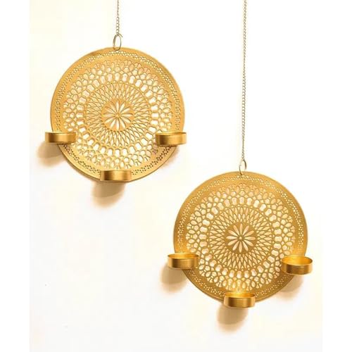 Image of The Purple Tree Chandrama Diya Hanging Metal Tealight Candle Holders (Pack of 2) Diyas for Home Decor, Diwali Decorative Candle Holder, Candle Holder, Gifts for Housewarming, Candle Diya Holder