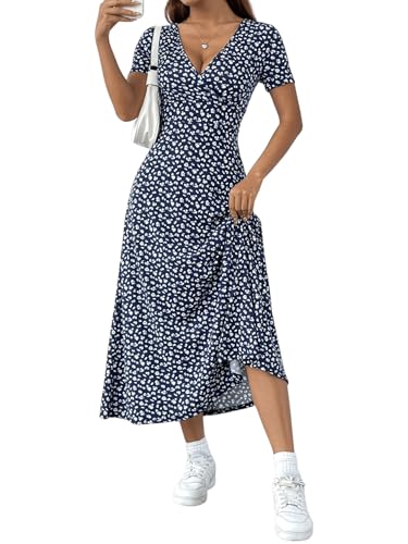 SweatyRocks Sommerkleid Damen Lang Elegant Blumenkleid Maxikleid Mit Blümchen A Linien Kleider Boho Kleid Sommer V Ausschnitt Wickelkleider Blau L