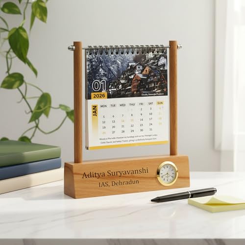 Image of Deskart Personalized Desktop Calendar | Wooden Customized Lifetime Infinity Calendar with Clock and Personal Name Marking | Foldable for Home Decor, Office Desk and Study Table (Octo Personalized)