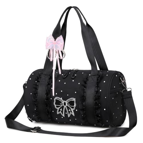 Image of CAMTOP Girls Dance Duffle Bag with Shoe Compartment, Ballet Gymnastics Bag for Girls 4-6, Toddler Travel Overnight Sports Bag with Strap, Cute Ballerina Gift (Black Polka dot)