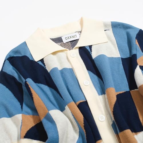 Vintage Polo Shirt for Men's Geometric Patterns Knitted Short Sleeve Poloshirt White Blue3