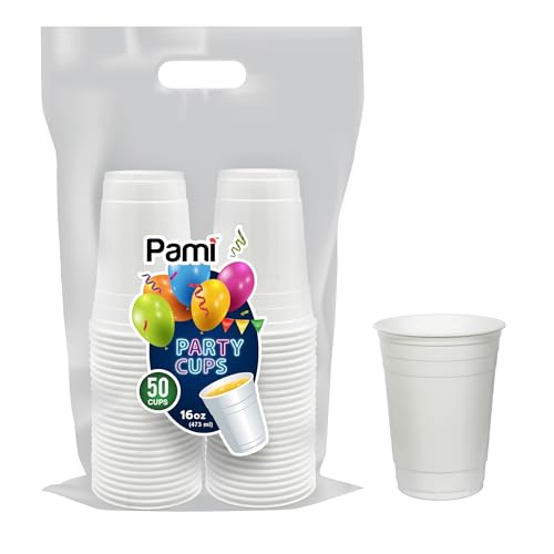 PAMI White Plastic Party Cups [Pack of 50] - 16oz Disposable Drinking Glasses- For Iced Tea Smoothies Punch Beer Cocktails - Beerpong Cups