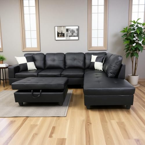 Anthato Black Leather Sectional Sofa Couch, Modern L-Shaped Couch, Modular Sectional Sofa Set, 103.5" Corner Chaise Lounge with Storage Ottoman for Living Room, Apartment, Office (Right Chaise, Black)