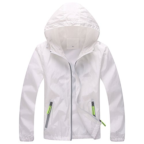 Panegy Mens Windbreaker Jacket Skin Coat Hoodie Front-Zip Jacket Windproof Waterproof Zippered White M