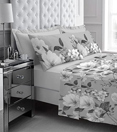 oceanevo®100% Brushed Cotton Flannel Printed Sheet Sets, Flat Sheet With Matching Pillow Cases, Super Soft, Flannelette Bed Sheets (Joanna Grey, King)