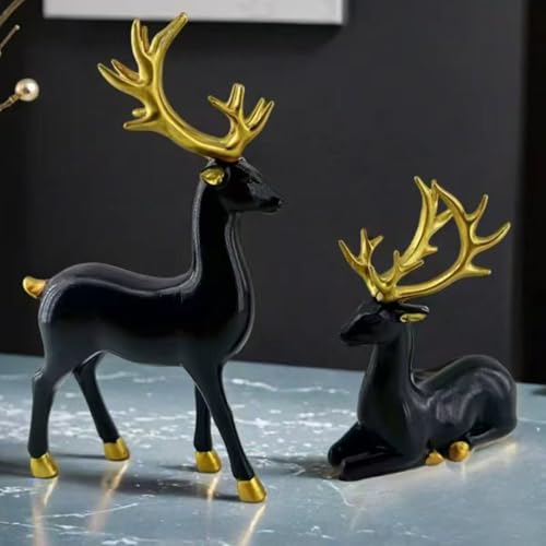 Kashyke 2 Stücks Weihnachtsdeko Rentier Figure Hirsch Elch Statuen Skulpturen Tier Figur Dekofigur Groß,Weihnachten Deko Innen Elegant Rentier Hirsch für Wohnzimmer,Küche,Tisch (Schwarz und Gold)
