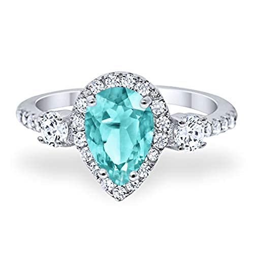 Blue Apple Co. Simulated Paraiba Tourmaline CZ Size-5 Teardrop Fashion Bridal Ring Pear Round CZ 925 Sterling Silver