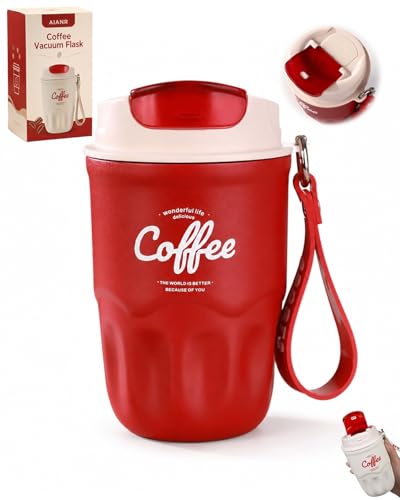 AIANR Coffee Vacuum Flask 12oz Portable Cup with Lid Handle 316 Stainless Steel Liner Insulated Water Bottle Hot Cold Drinkware Travel Mug Home Office Outdoor Camping Daily Use(Red,Standard)
