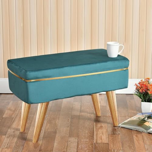 Image of Ottoman Bench for Living Room | Upholstered Seating with Wooden Legs| Multipurpose Seating for Home & Office| Stylish Accent Furniture for Bedroom & Drawing Room Decor, Sqr Bnch-Aqua