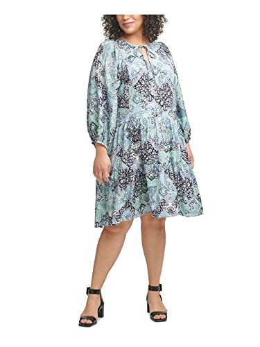 Calvin Klein Womens Light Blue Printed 3/4 Sleeve Tie Neck Knee Length Wear To Work Shift Dress Plus 14W #TOP14